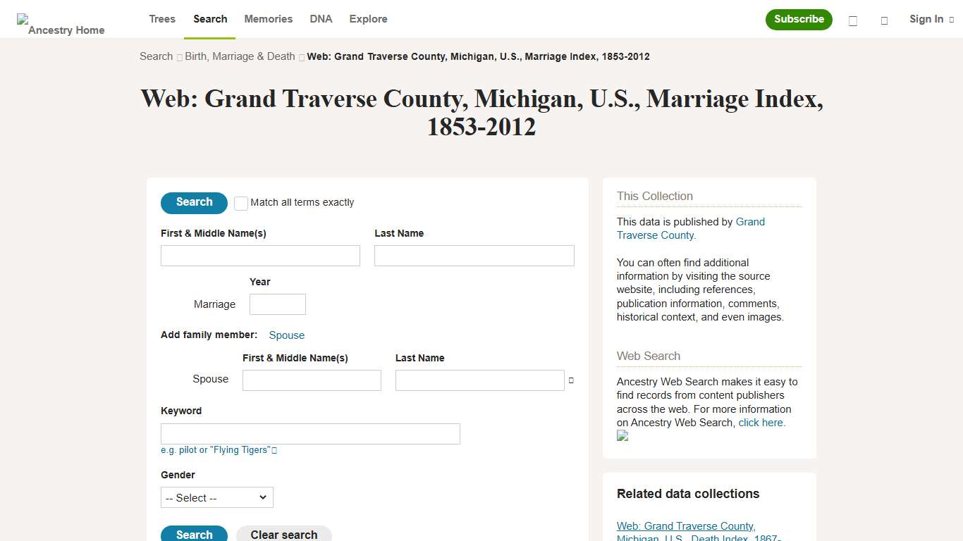 Web: Grand Traverse County, Michigan, U.S., Marriage Index, 1853-2012 - Ancestry